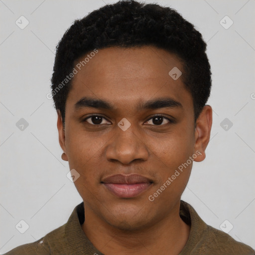 Joyful black young-adult male with short  black hair and brown eyes