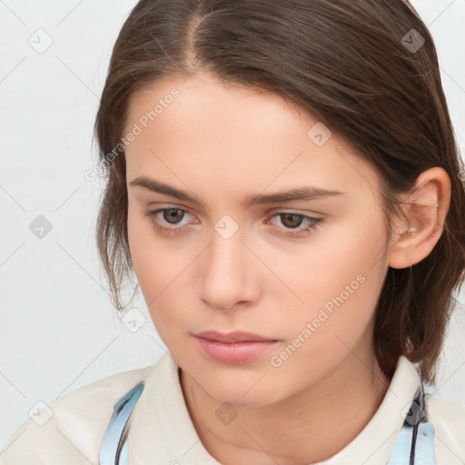 Neutral white young-adult female with medium  brown hair and brown eyes