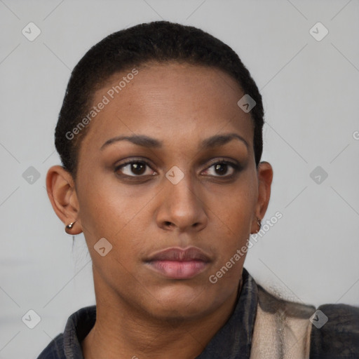 Neutral black young-adult female with short  brown hair and brown eyes