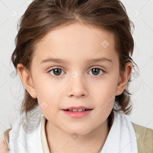 Joyful white child female with medium  brown hair and brown eyes