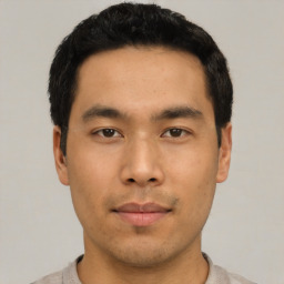 Neutral asian young-adult male with short  black hair and brown eyes