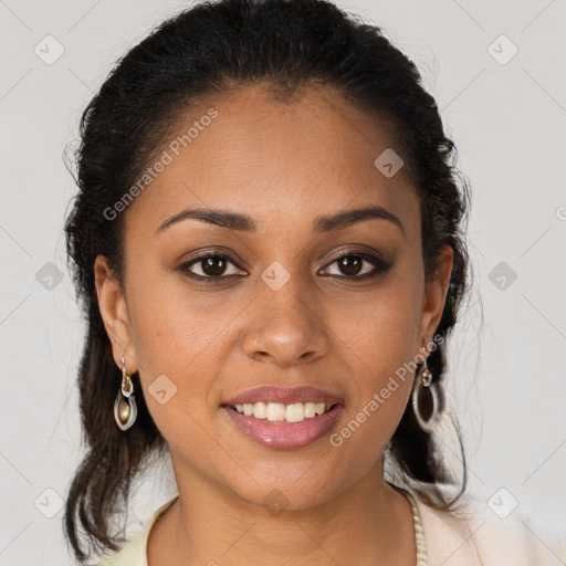 Joyful latino young-adult female with long  brown hair and brown eyes