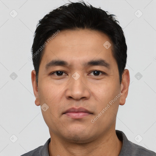 Neutral asian young-adult male with short  black hair and brown eyes