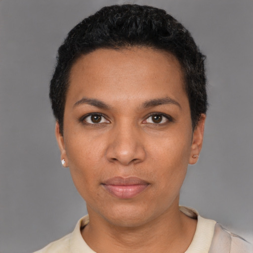 Neutral latino young-adult female with short  black hair and brown eyes