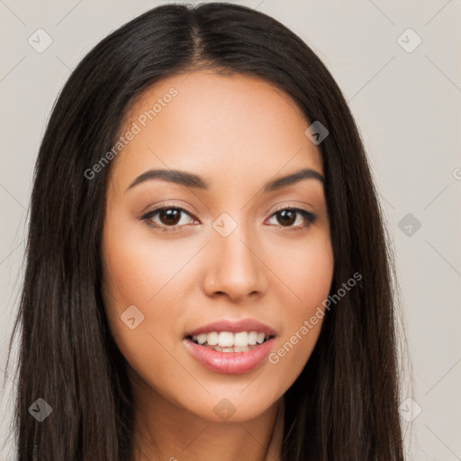 Joyful white young-adult female with long  brown hair and brown eyes