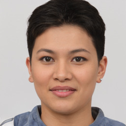 Joyful asian young-adult female with short  brown hair and brown eyes