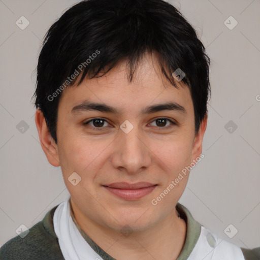 Joyful white young-adult male with short  black hair and brown eyes