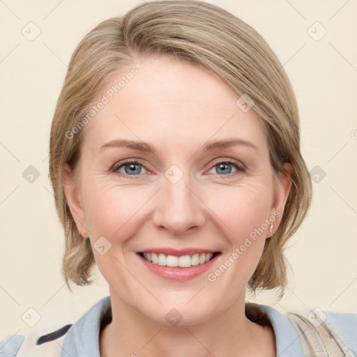 Joyful white young-adult female with medium  brown hair and blue eyes