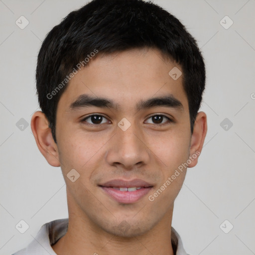 Joyful latino young-adult male with short  brown hair and brown eyes