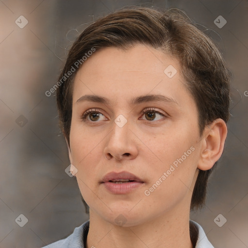 Neutral white young-adult female with medium  brown hair and brown eyes