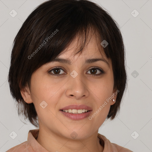 Joyful white young-adult female with medium  brown hair and brown eyes