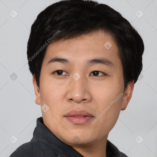 Neutral asian young-adult male with short  black hair and brown eyes