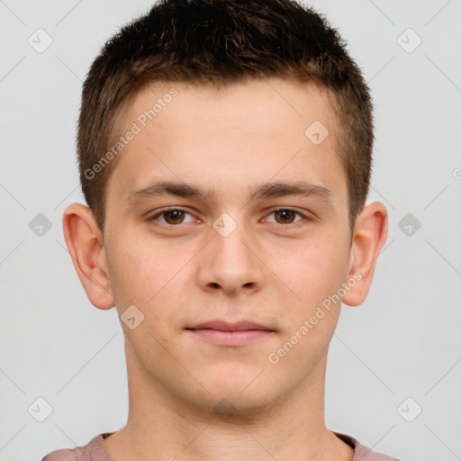 Neutral white young-adult male with short  brown hair and brown eyes