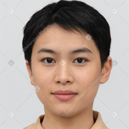 Neutral asian young-adult female with short  black hair and brown eyes