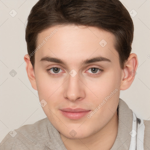 Neutral white young-adult male with short  brown hair and brown eyes