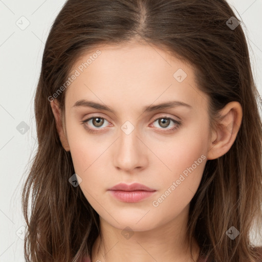 Neutral white young-adult female with long  brown hair and brown eyes