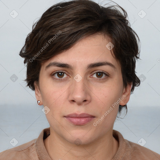 Neutral white young-adult female with medium  brown hair and brown eyes