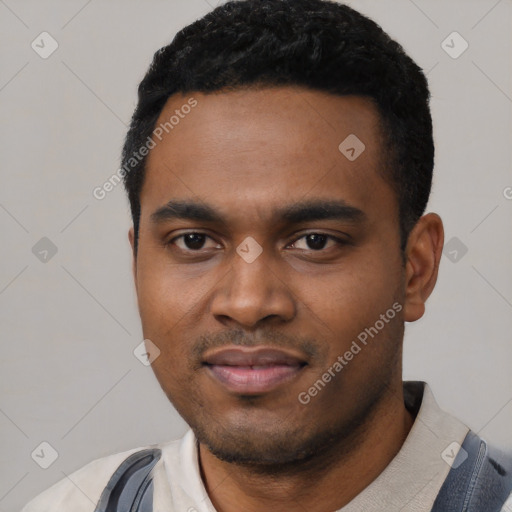 Neutral latino young-adult male with short  black hair and brown eyes