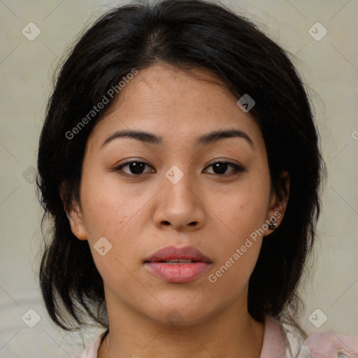 Neutral asian young-adult female with medium  brown hair and brown eyes