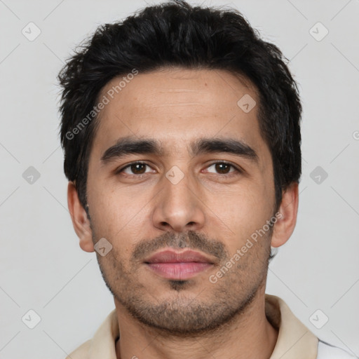 Neutral white young-adult male with short  black hair and brown eyes
