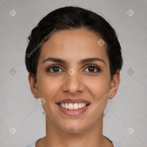 Joyful white young-adult female with short  brown hair and brown eyes