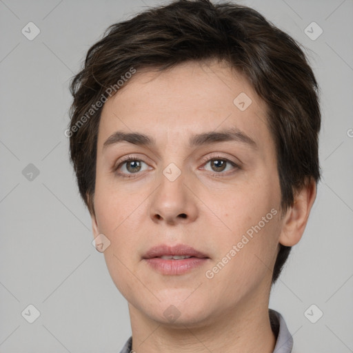 Neutral white young-adult female with short  brown hair and brown eyes