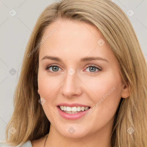 Joyful white young-adult female with long  brown hair and green eyes