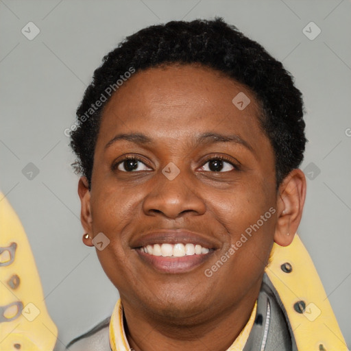 Joyful black young-adult female with short  black hair and brown eyes