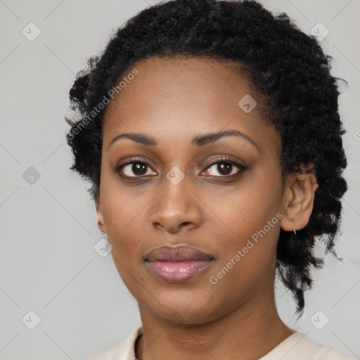 Neutral black young-adult female with short  black hair and brown eyes