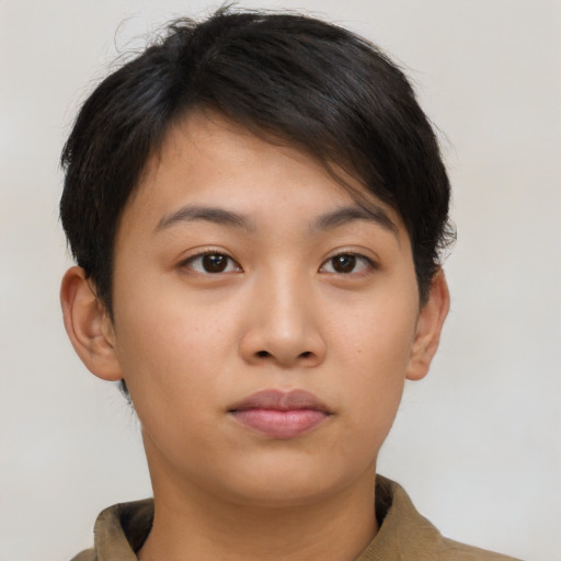 Neutral latino young-adult female with short  brown hair and brown eyes