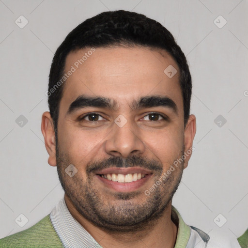 Joyful white young-adult male with short  black hair and brown eyes