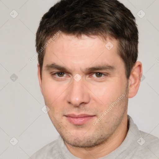 Neutral white young-adult male with short  brown hair and brown eyes