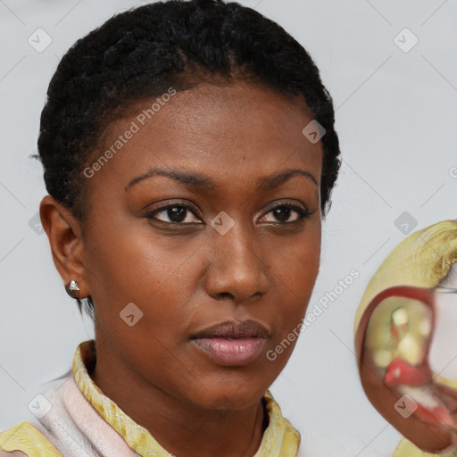 Neutral black young-adult female with short  brown hair and brown eyes