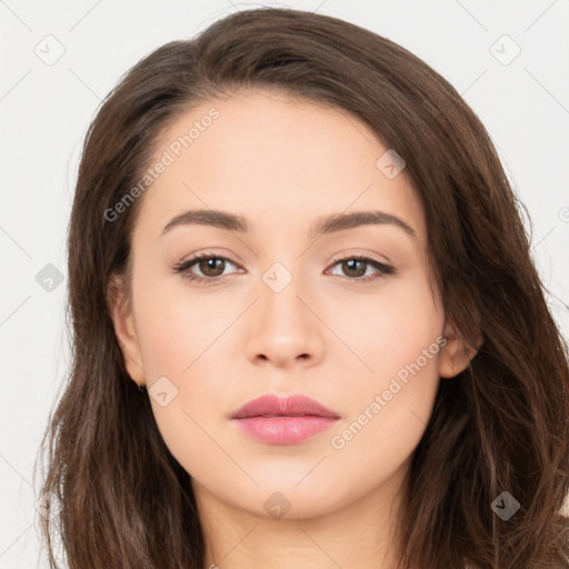 Neutral white young-adult female with long  brown hair and brown eyes