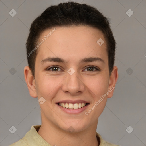 Joyful white young-adult female with short  brown hair and brown eyes