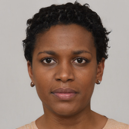 Neutral black young-adult female with short  black hair and brown eyes