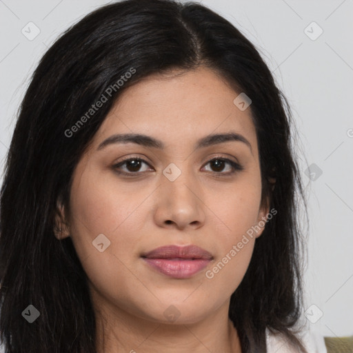 Joyful asian young-adult female with long  brown hair and brown eyes