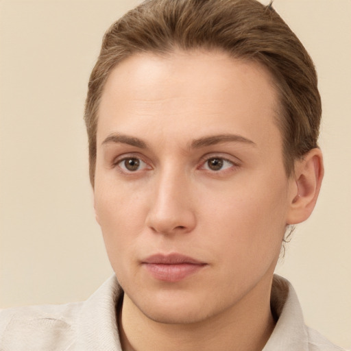 Neutral white young-adult female with short  brown hair and brown eyes