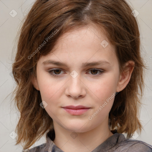 Joyful white child female with medium  brown hair and brown eyes