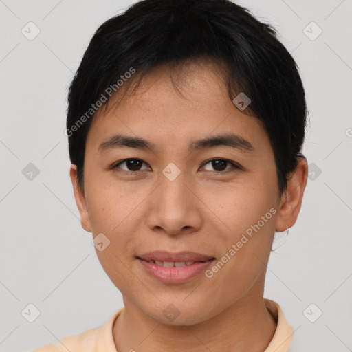 Joyful asian young-adult female with short  brown hair and brown eyes