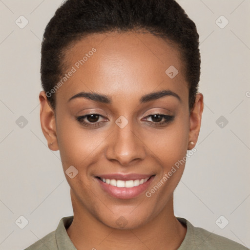 Joyful white young-adult female with short  black hair and brown eyes