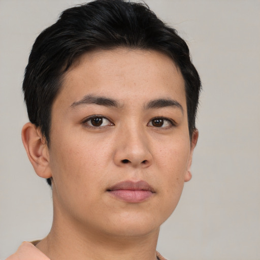 Neutral asian young-adult female with short  brown hair and brown eyes
