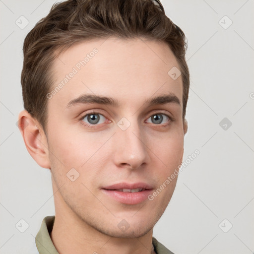 Neutral white young-adult male with short  brown hair and grey eyes