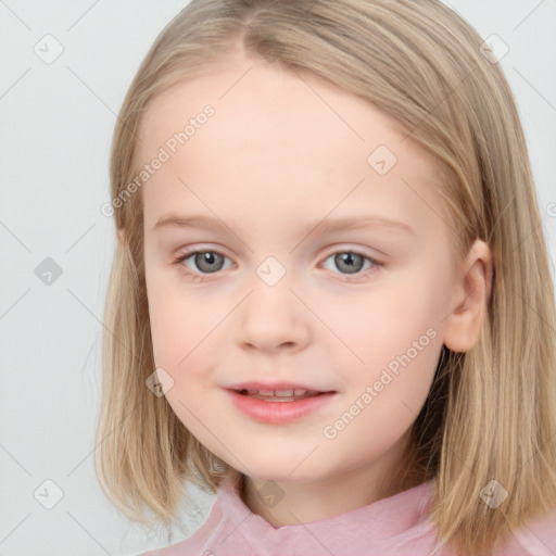 Neutral white child female with medium  brown hair and blue eyes