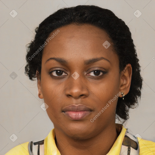 Neutral black young-adult female with short  black hair and brown eyes