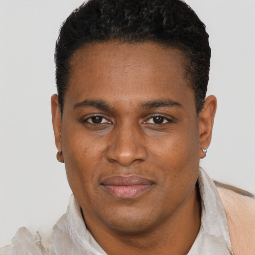Joyful black young-adult male with short  black hair and brown eyes