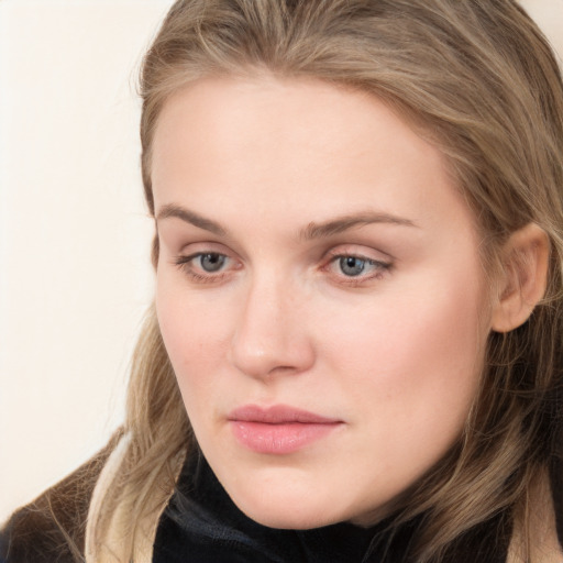 Neutral white young-adult female with long  brown hair and grey eyes