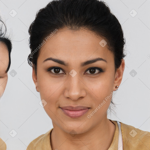 Joyful latino young-adult female with short  brown hair and brown eyes