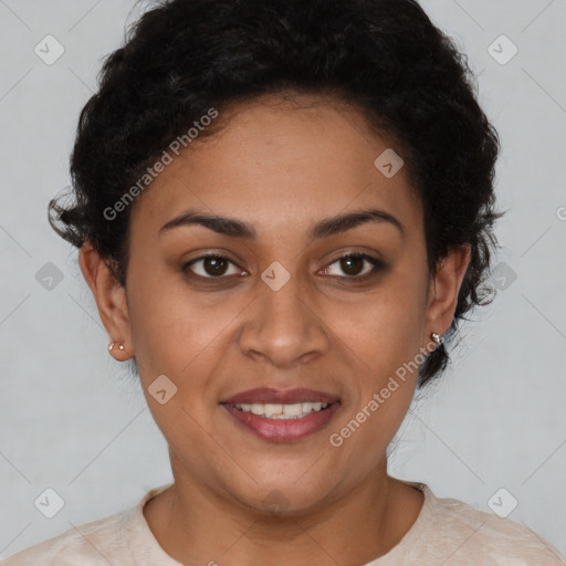 Joyful latino young-adult female with short  brown hair and brown eyes