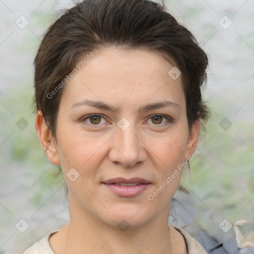 Joyful white adult female with short  brown hair and brown eyes